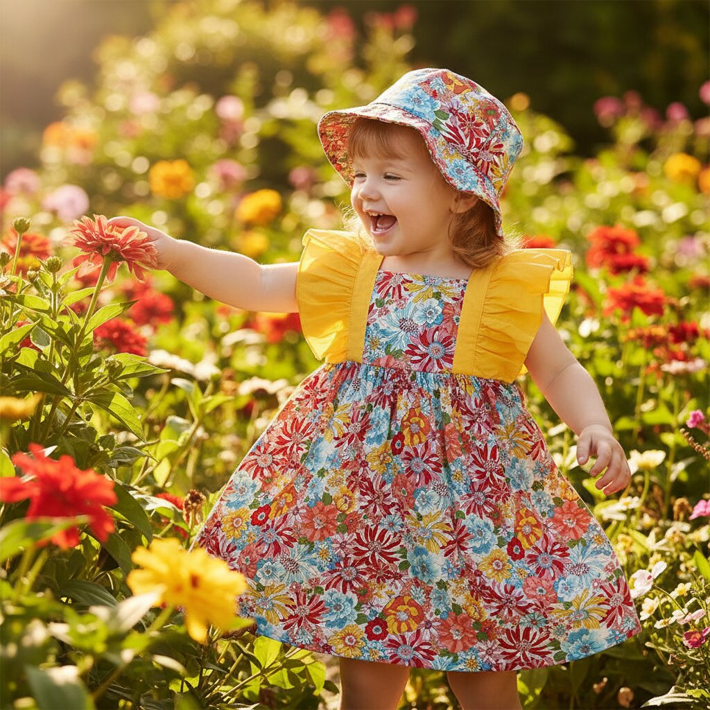 Robe bébé fille jaune fleurie volants avec chapeau bob - flat lay fond lin blanc