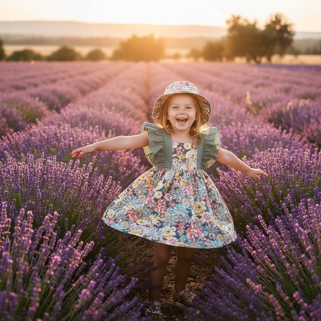 Robe bébé fille verte fleurie volants avec chapeau bob - flat lay fond lin blanc