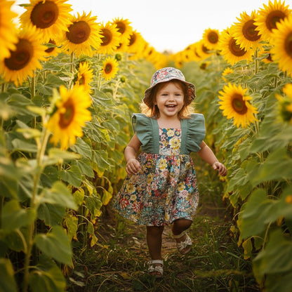 Robe bébé fille verte fleurie volants chapeau bob - petite fille champ tournesols été