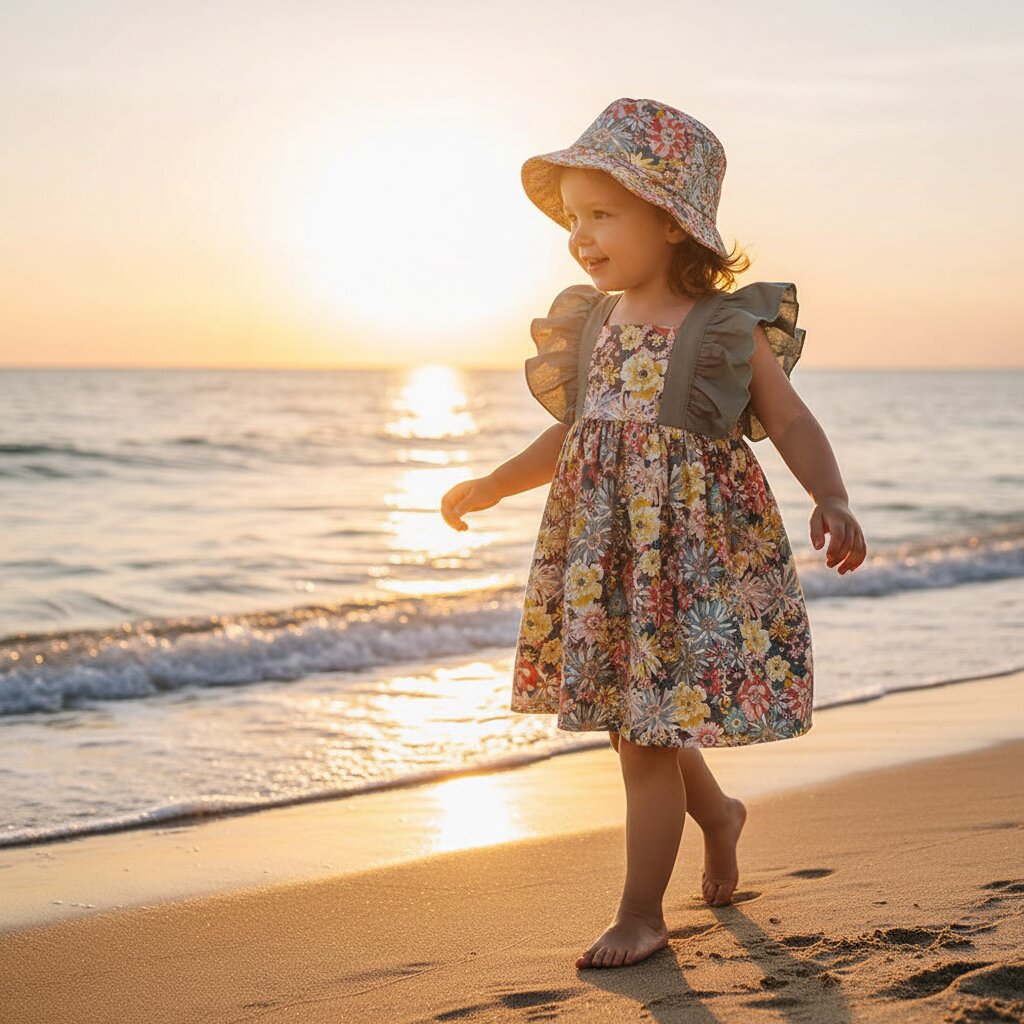 Robe bébé fille verte fleurie volants chapeau bob - petite fille plage coucher soleil