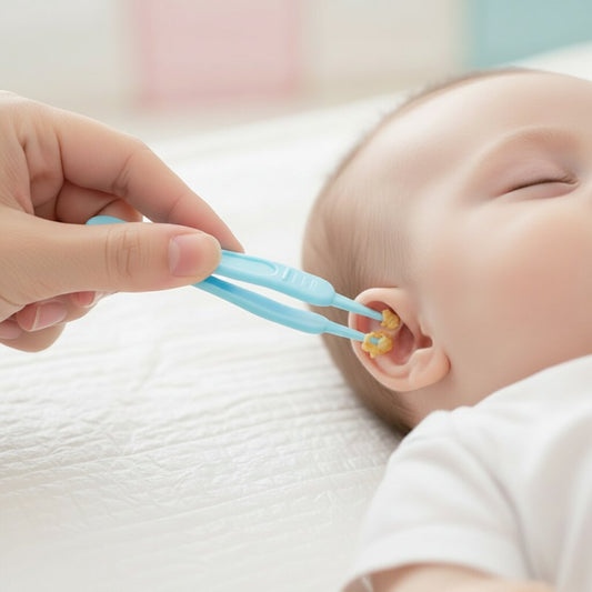 Maman nettoyant l'oreille de son bébé avec une pince nettoyage bébé bleue à embouts arrondis