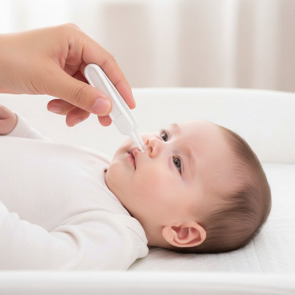 Maman utilisant une pince nettoyage bébé blanche à embouts arrondis pour retirer la morve du nez de son nourrisson - Choupinoo
