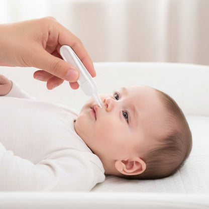 Maman utilisant une pince nettoyage bébé blanche à embouts arrondis pour retirer la morve du nez de son nourrisson - Choupinoo