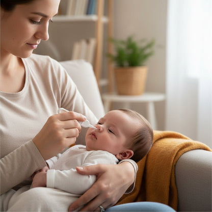 Maman tenant une pince nettoyage bébé blanche, bébé sur les genoux, geste naturel