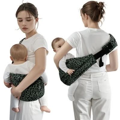 Porte-bébé bandoulière écharpe léopard vert maman portant bébé vue avant et dos sangle unique épaule