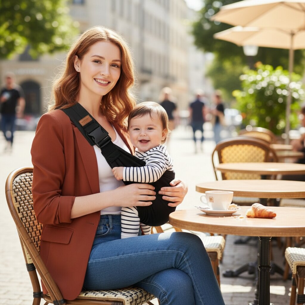 Maman rousse en blazer terracotta assise en terrasse avec son bébé souriant dans un porte-bébé bandoulière noir – pause café en ville les mains libres - Choupinoo