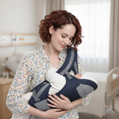 Une maman de profil regarde avec tendresse son nouveau-né endormi, blotti horizontalement contre elle dans le porte-bébé bleu nuit en position d'allaitement, ses deux mains le soutenant délicatement | Choupinoo