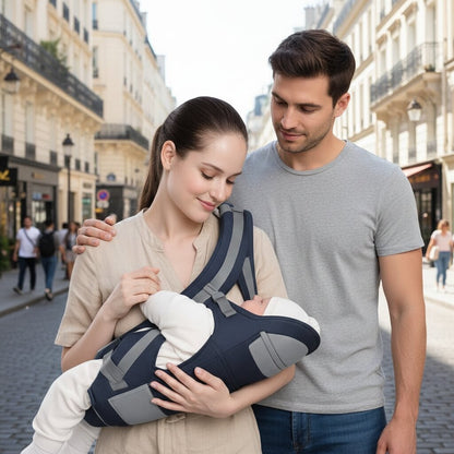 Un jeune couple se promène côte à côte dans une rue ensoleillée, la maman portant leur nouveau-né couché horizontalement contre elle dans le porte-bébé bleu nuit, le papa la regardant avec un sourire complice, les deux mains libres | Choupinoo