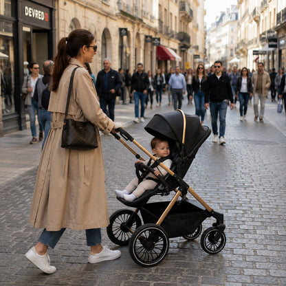 Maman en trench camel poussant son bebe souriant en assise dans la poussette 2 en 1 coloris noir chassis dore, rue pietonne parisienne animee - Choupinoo