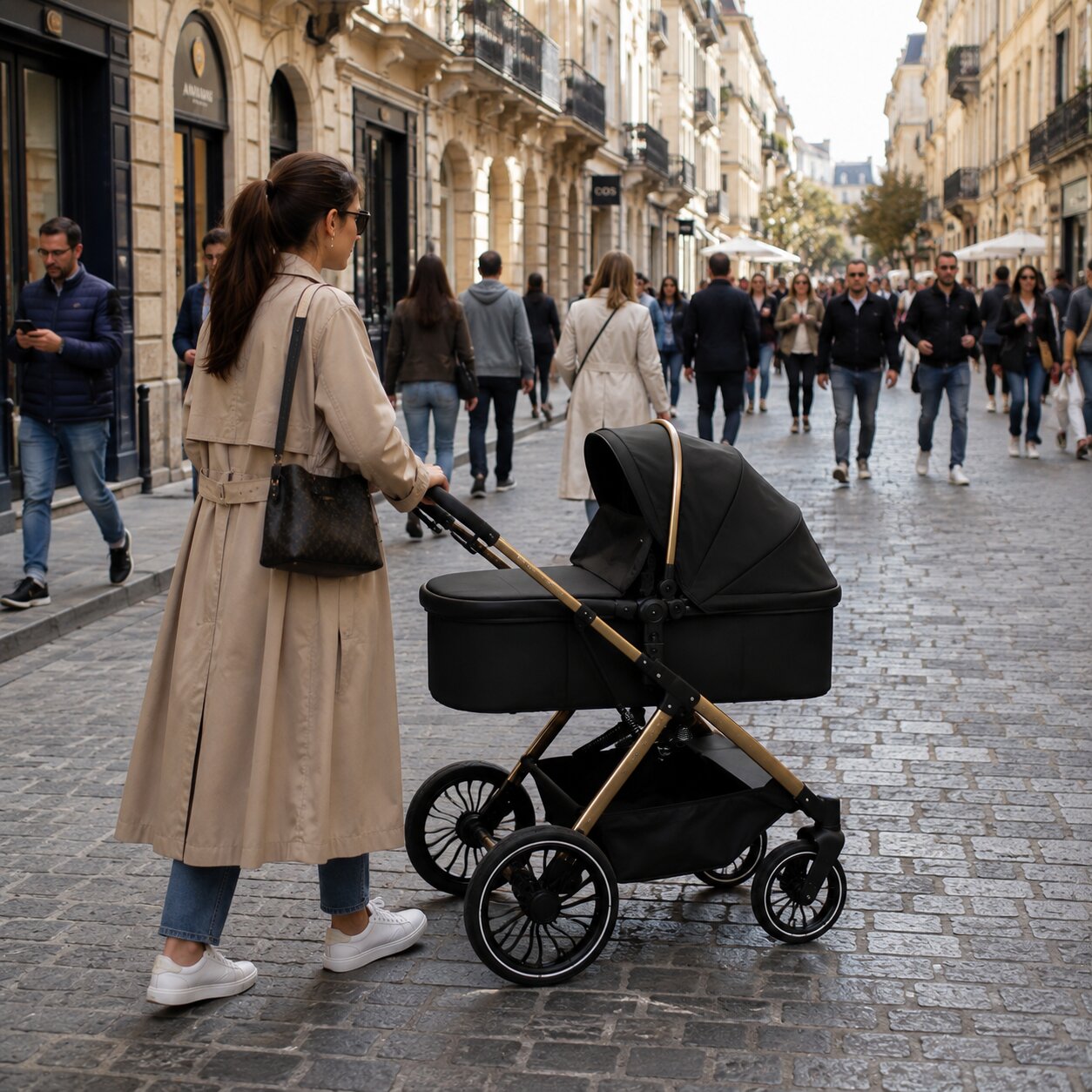 Maman de dos en trench camel poussant la poussette 2 en 1 en configuration nacelle coloris noir chassis dore, rue pietonne parisienne animee - Choupinoo