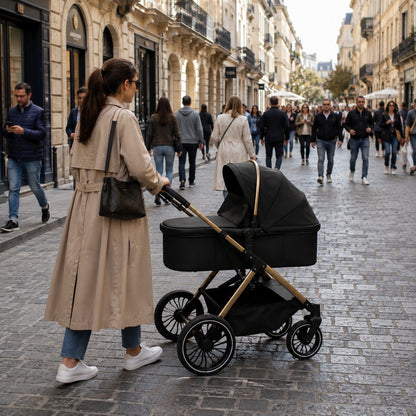 Maman de dos en trench camel poussant la poussette 2 en 1 en configuration nacelle coloris noir chassis dore, rue pietonne parisienne animee - Choupinoo