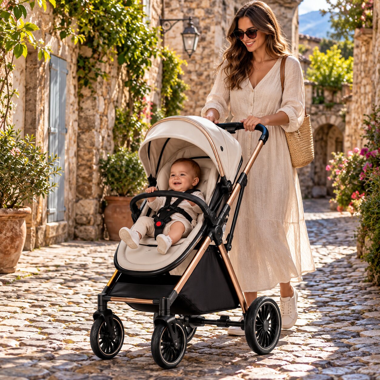 Bebe souriant installe dans l assise reversible de la poussette 2 en 1 coloris beige, village provencal fleuri - Choupinoo