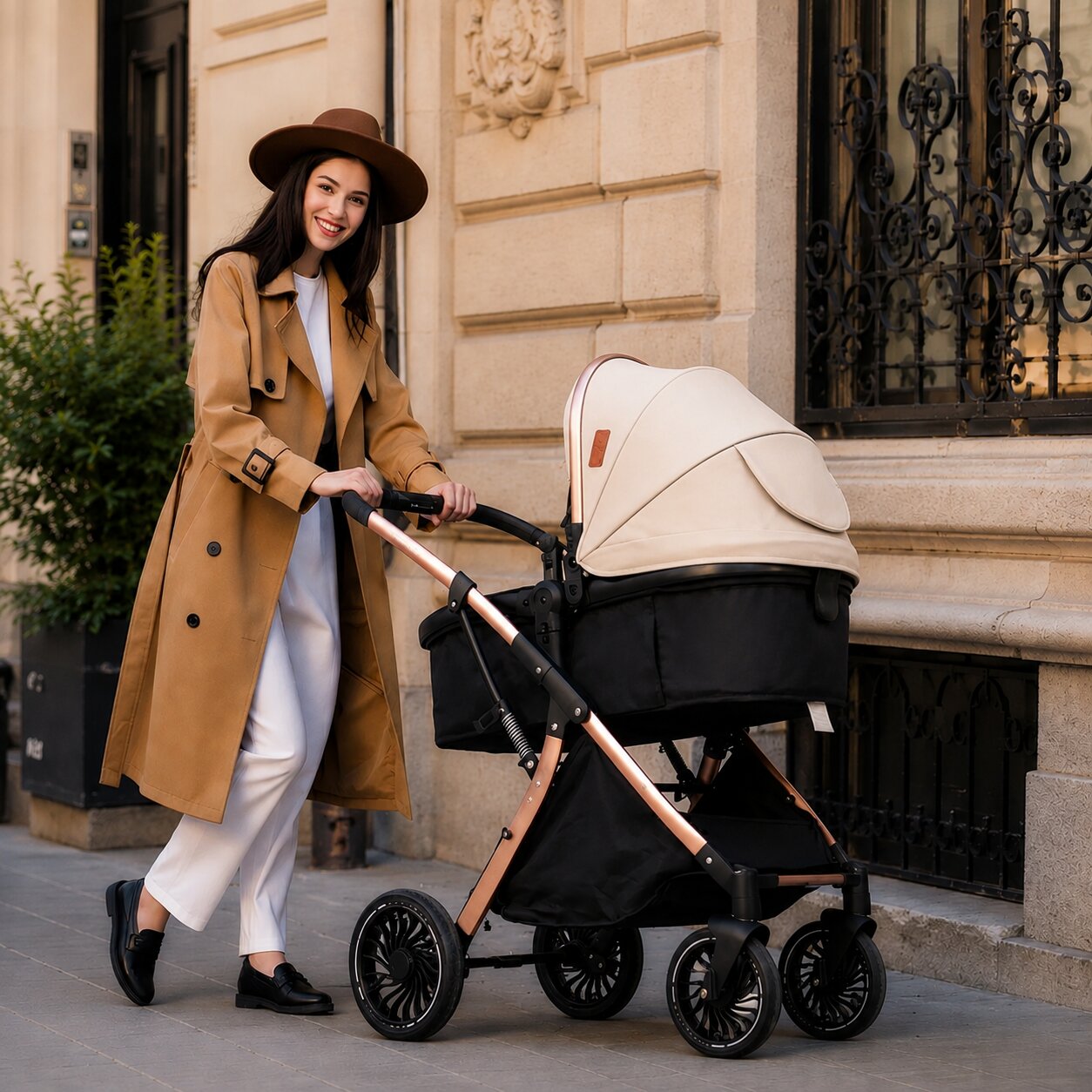 Maman elegante en trench camel poussant la poussette 2 en 1 nacelle coloris beige, facade haussmannienne - Choupinoo
