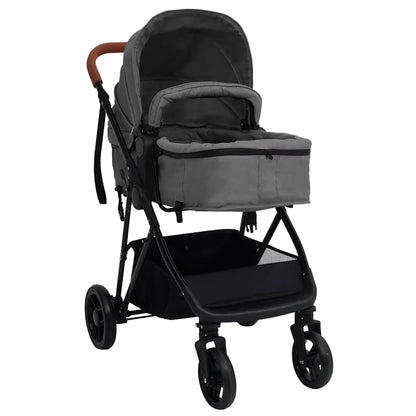 Poussette 2 en 1 coloris gris fonce, vue trois quarts avant avec nacelle et capote fermee, guidon caramel - Choupinoo