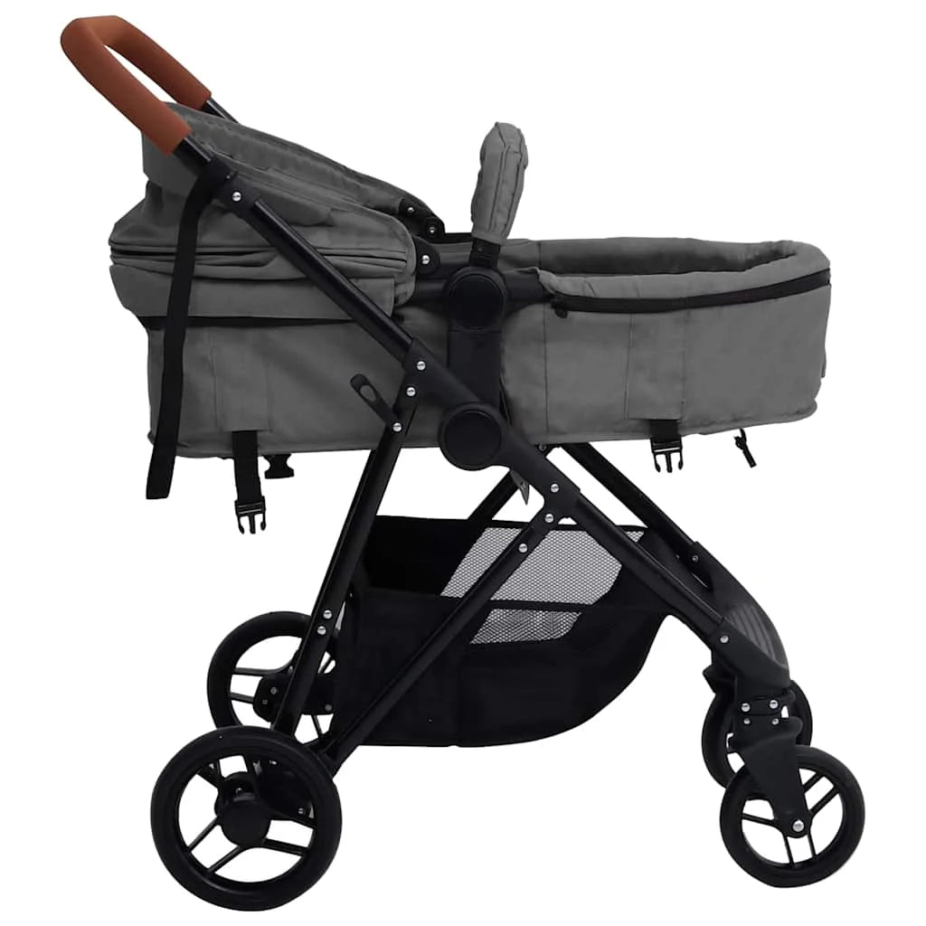 Poussette 2 en 1 coloris gris, vue de profil avec nacelle sans capote et grand panier de rangement - Choupinoo