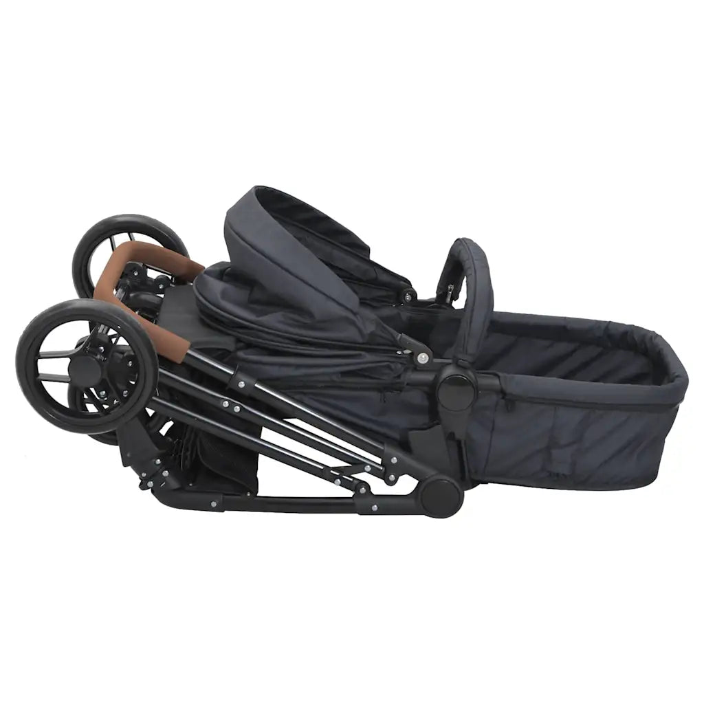Poussette 2 en 1 transformable en berceau en position pliee compacte avec nacelle, vue de cote, guidon caramel - Choupinoo
