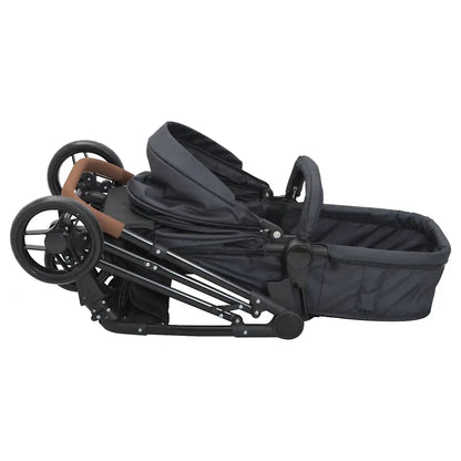 Poussette 2 en 1 transformable en berceau en position pliee compacte avec nacelle, vue de cote, guidon caramel - Choupinoo