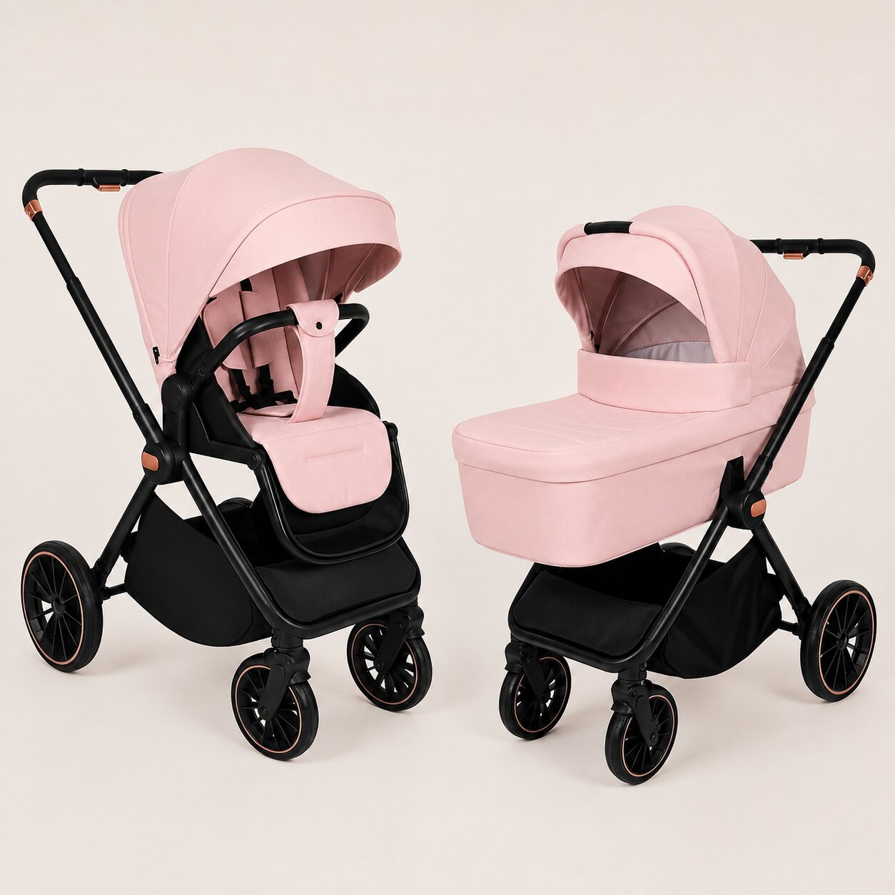 Poussette 2 en 1 rose poudré nacelle et assise deux configurations fond creme - Choupinoo