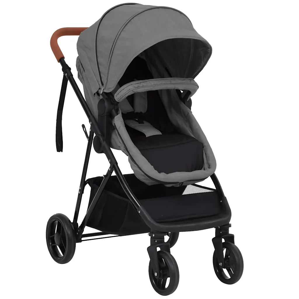 Poussette 2 en 1 transformable en berceau coloris gris, configuration siege, capote ouverte et guidon caramel, vue trois quarts avant - Choupinoo