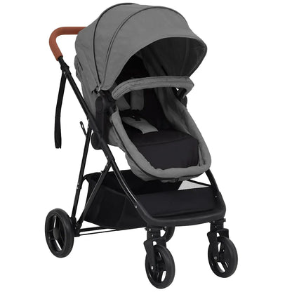 Poussette 2 en 1 transformable en berceau coloris gris, configuration siege, capote ouverte et guidon caramel, vue trois quarts avant - Choupinoo