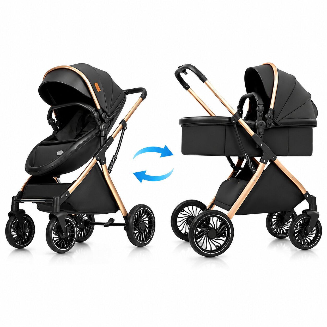 Poussette 2 en 1 evolutive en configuration assise et nacelle, vue comparative coloris noir - Choupinoo