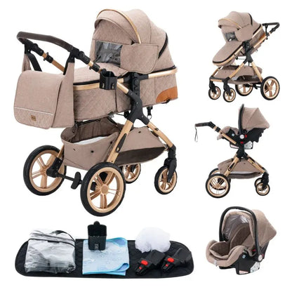 Poussette 3 en 1 coloris beige taupe avec nacelle, siège auto et accessoires inclus, châssis doré, fond blanc - Choupinoo