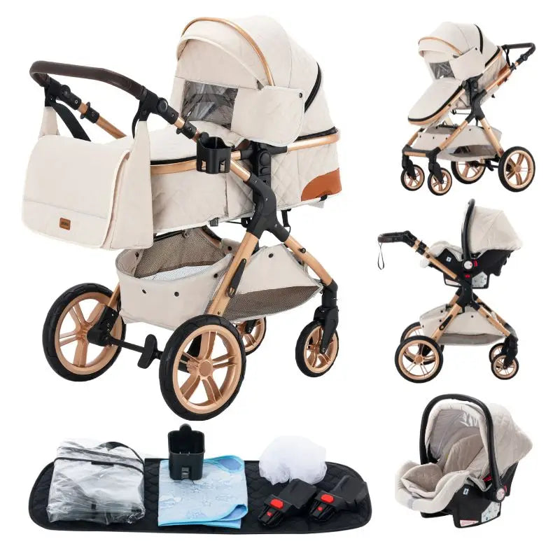 Poussette 3 en 1 coloris blanc crème avec nacelle, siège auto et accessoires inclus, châssis doré, fond blanc - Choupinoo