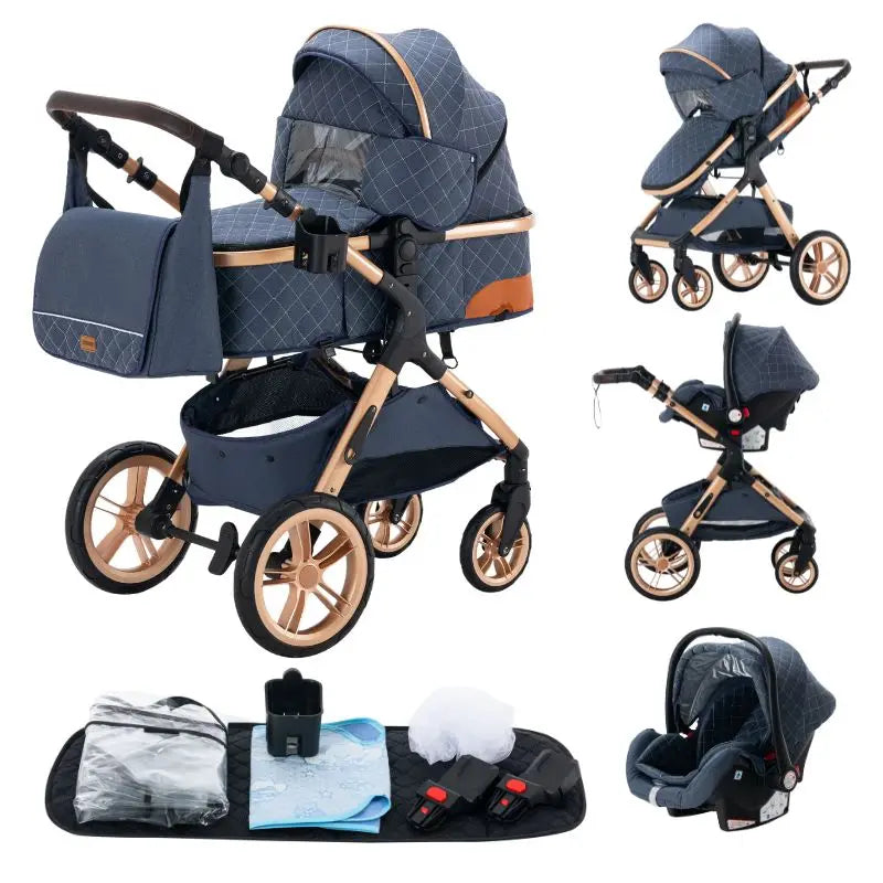 Poussette 3 en 1 coloris bleu jean avec nacelle, siège auto et accessoires inclus, châssis doré, fond blanc - Choupinoo