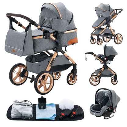 Poussette 3 en 1 coloris gris avec nacelle, siège auto et accessoires inclus, châssis doré, fond blanc - Choupinoo