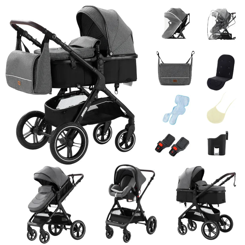 Poussette 3-en-1 coloris gris, vue trois quarts avant, chassis aluminium noir - Choupinoo
