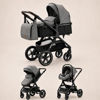 Poussette 3-en-1 coloris gris, vue trois quarts avant, chassis aluminium noir - Choupinoo