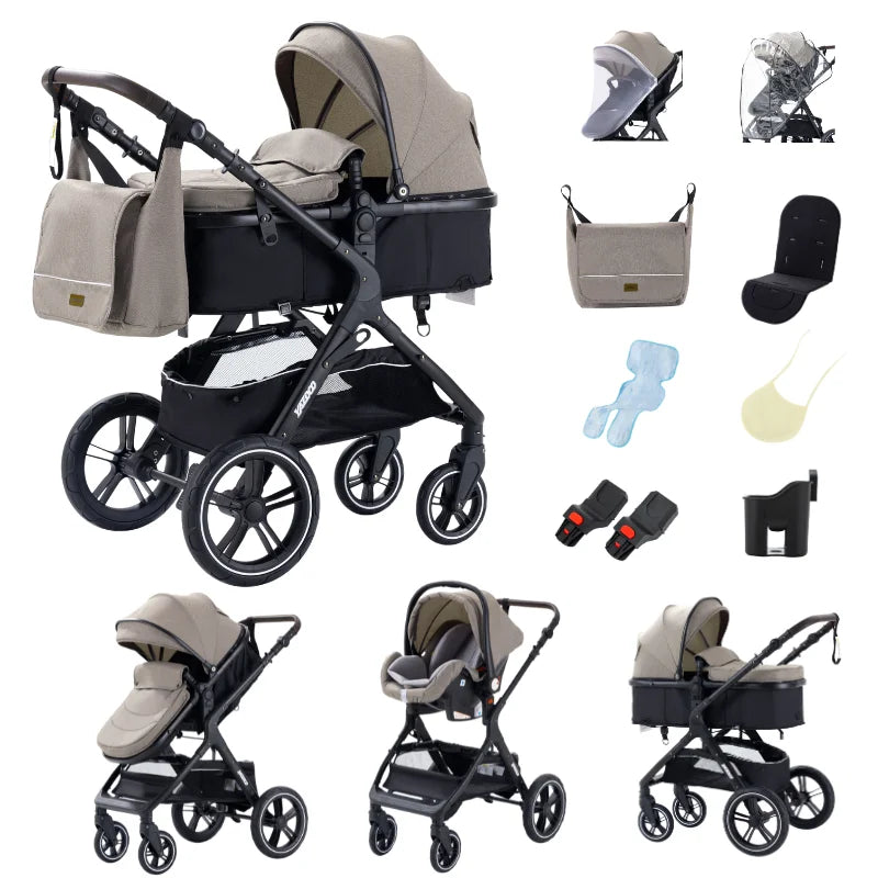 Poussette 3-en-1 coloris kaki, vue trois quarts avant, chassis aluminium noir - Choupinoo