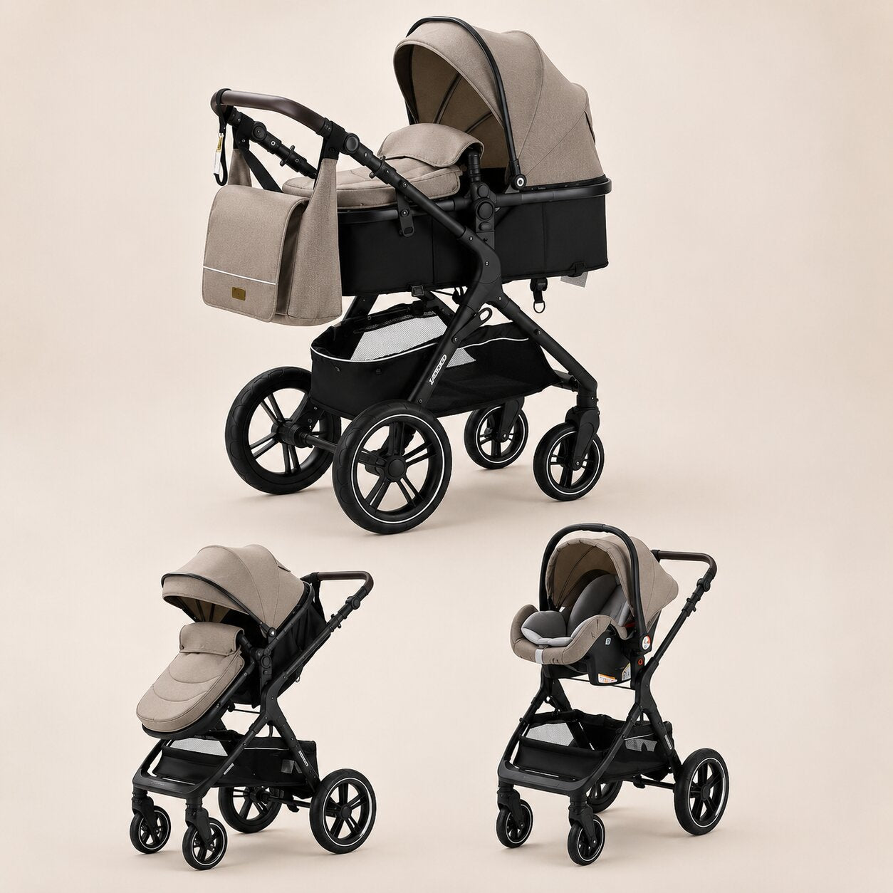 Poussette 3-en-1 coloris kaki, vue trois quarts avant, chassis aluminium noir - Choupinoo