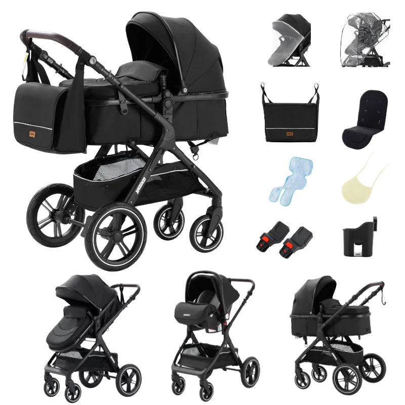 Poussette 3-en-1 coloris noir, vue trois quarts avant, chassis aluminium noir - Choupinoo