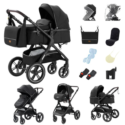 Poussette 3-en-1 coloris noir, vue trois quarts avant, chassis aluminium noir - Choupinoo
