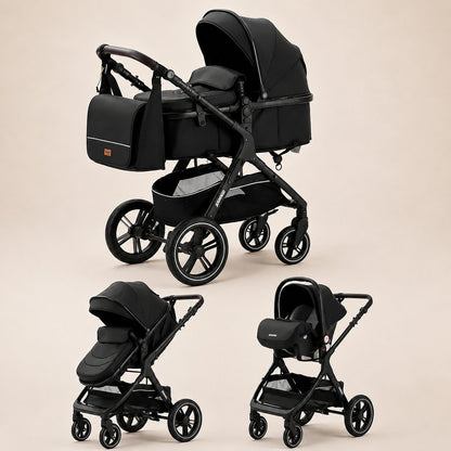Poussette 3-en-1 coloris noir, vue trois quarts avant, chassis aluminium noir - Choupinoo