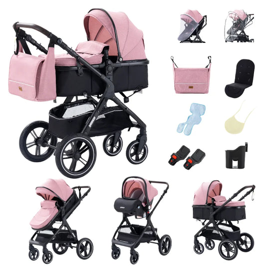 Poussette 3-en-1 coloris rose, pack complet avec nacelle, siege auto et 9 accessoires inclus - Choupinoo