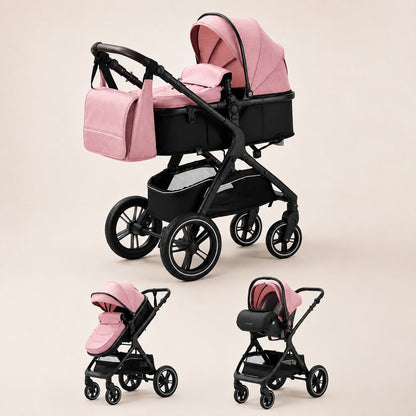 Poussette 3-en-1 coloris rose, pack complet avec nacelle, siege auto et 9 accessoires inclus - Choupinoo