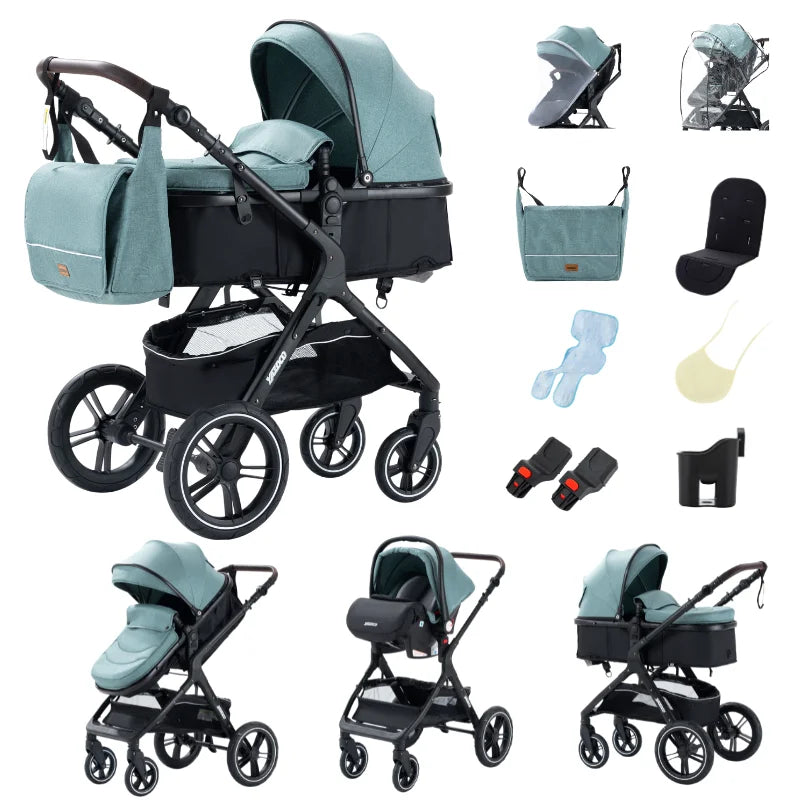 Poussette 3-en-1 coloris vert, vue trois quarts avant, chassis aluminium noir - Choupinoo