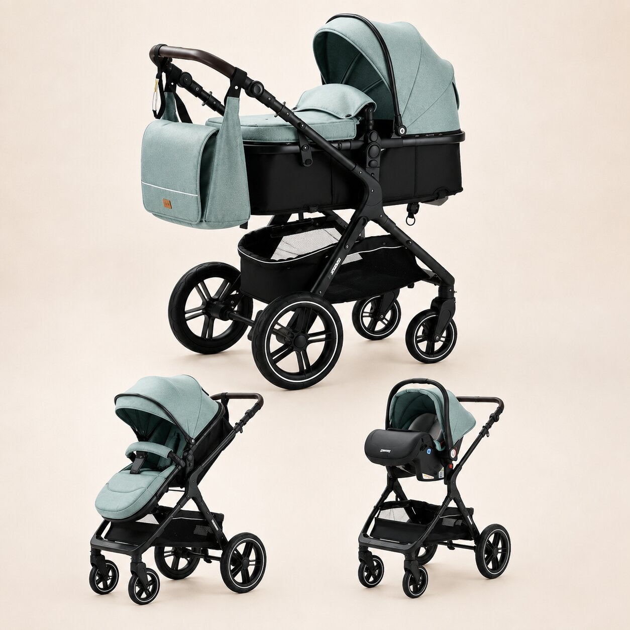 Poussette 3-en-1 coloris vert, vue trois quarts avant, chassis aluminium noir - Choupinoo