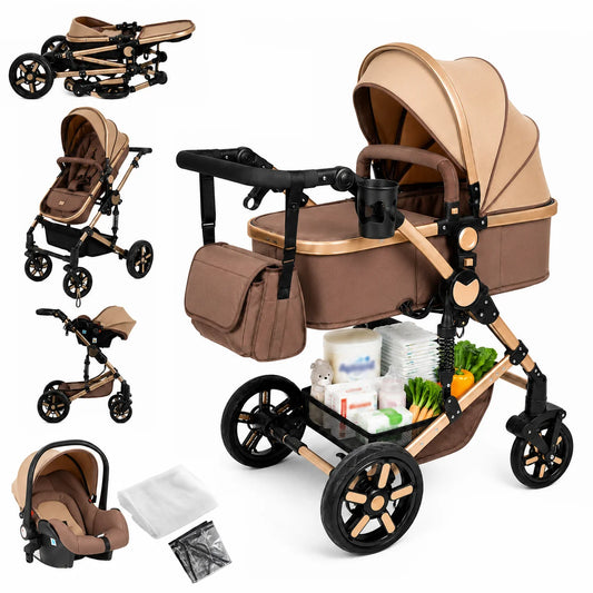 Poussette 3 en 1 evolutive avec nacelle, siege reversible et siege auto inclus, coloris camel et or, vue d'ensemble - Choupinoo
