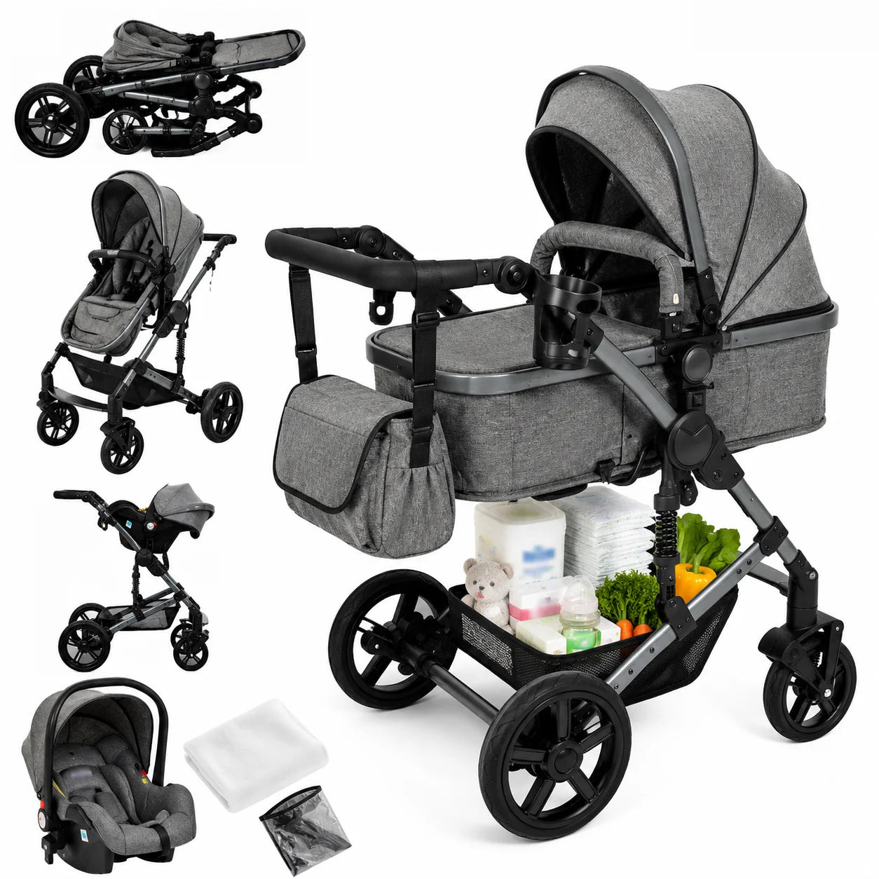 Poussette 3 en 1 evolutive avec nacelle, siege reversible et siege auto inclus, coloris gris, vue d'ensemble - Choupinoo