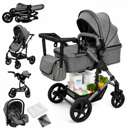 Poussette 3 en 1 evolutive avec nacelle, siege reversible et siege auto inclus, coloris gris, vue d'ensemble - Choupinoo