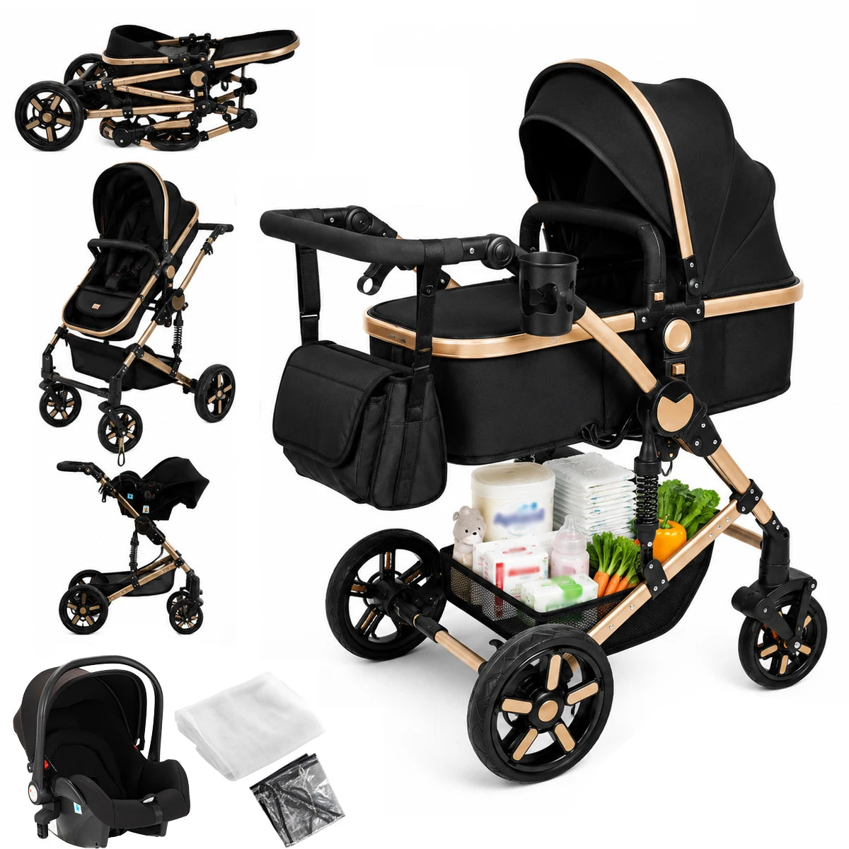 Poussette 3 en 1 evolutive avec nacelle, siege reversible et siege auto inclus, coloris noir et or, vue d'ensemble - Choupinoo