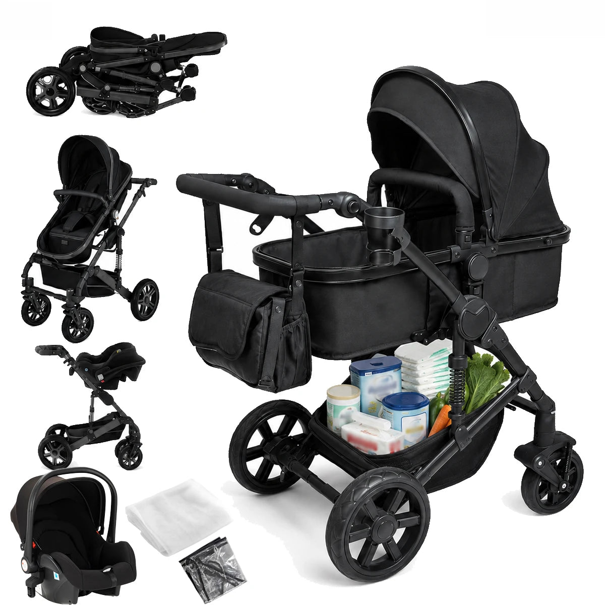 Poussette 3 en 1 evolutive avec nacelle, siege reversible et siege auto inclus, coloris noir integral, vue d'ensemble - Choupinoo