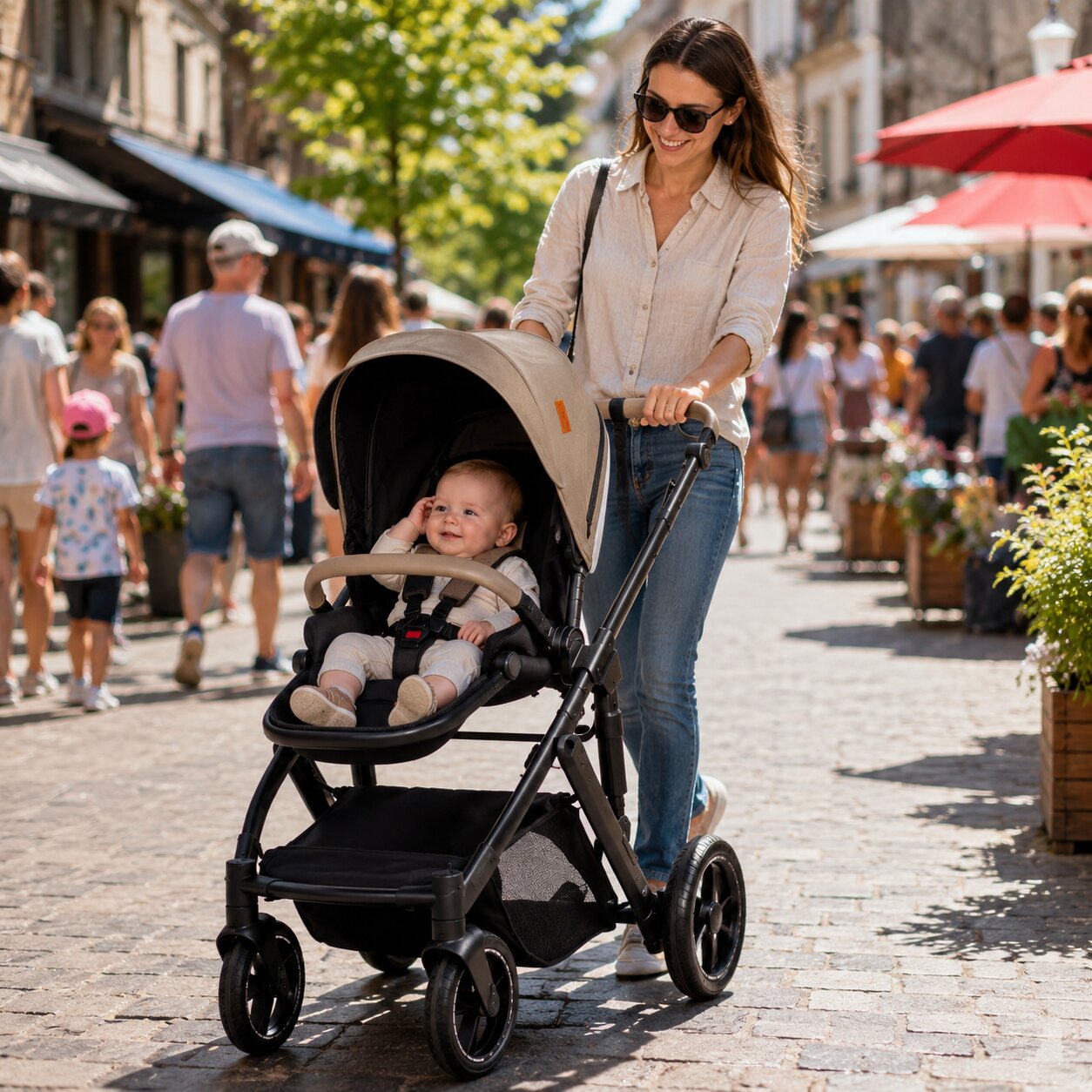 Poussette 3 en 1 mode siege coloris beige bebe assis promenade rue commercante ete - Choupinoo