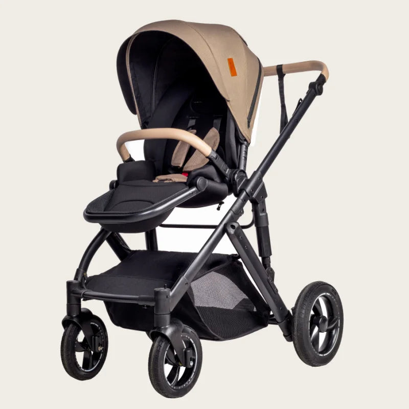 Poussette 3 en 1 mode siege coloris beige sable chassis anthracite vue trois quarts - Choupinoo