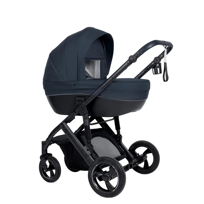 Poussette 3 en 1 nacelle esprit landau coloris bleu marine chassis noir vue laterale - Choupinoo