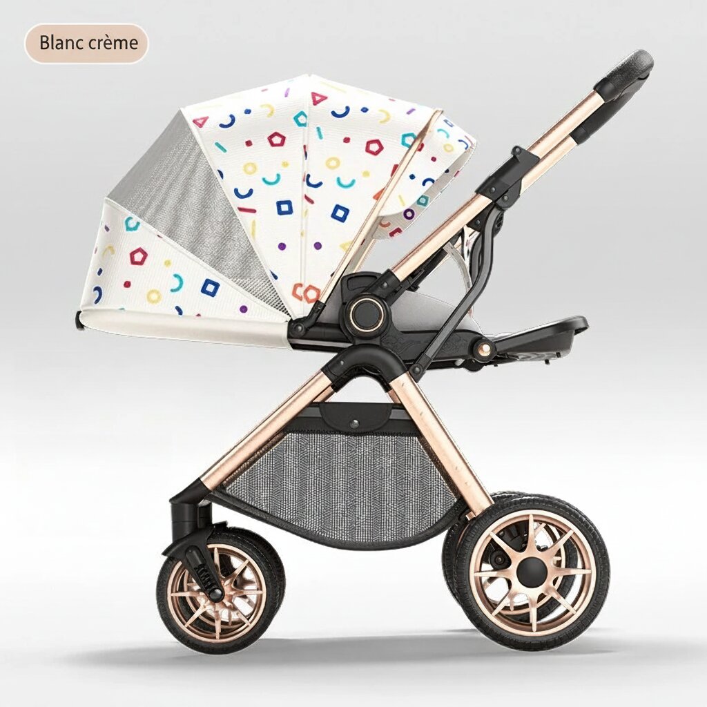Poussette bébé haute position coloris Blanc crème motif géométrique coloré - Choupinoo