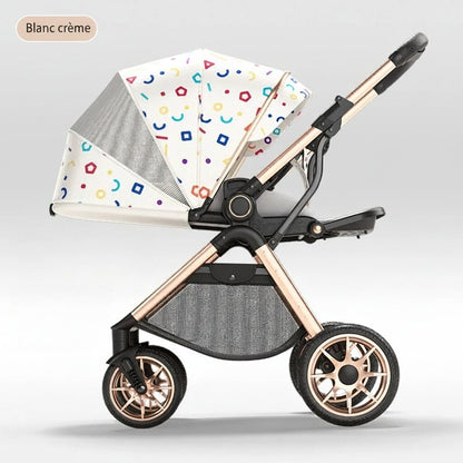 Poussette bébé haute position coloris Blanc crème motif géométrique coloré - Choupinoo